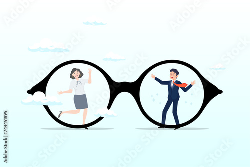 Eyeglasses with clear vision on businessman and unclear blurry vision on woman, gender bias, sexism inequality in workplace and social, prejudice, stereotyping, discrimination against women (Vector)