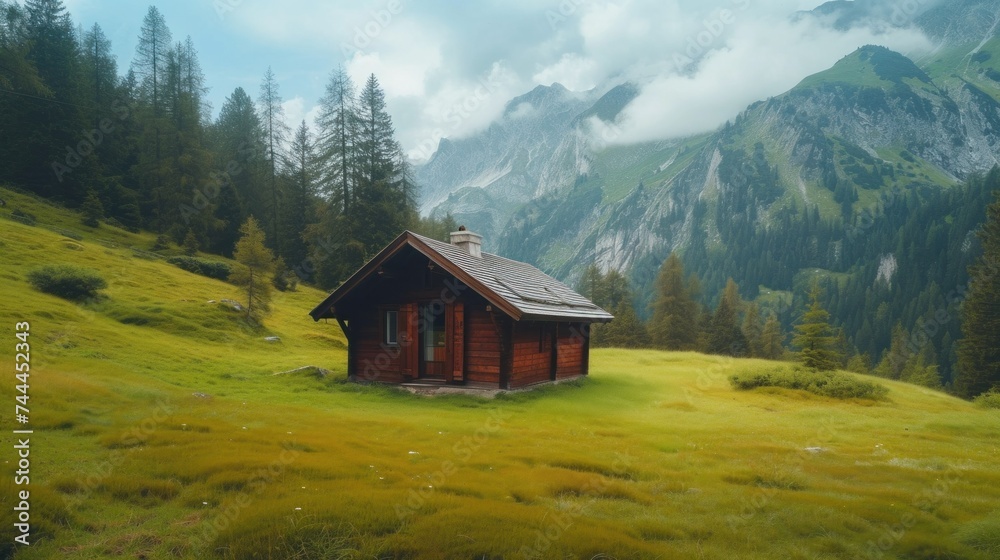 Fototapeta premium old wooden hut cabin in mountain alps at rural fall landscape