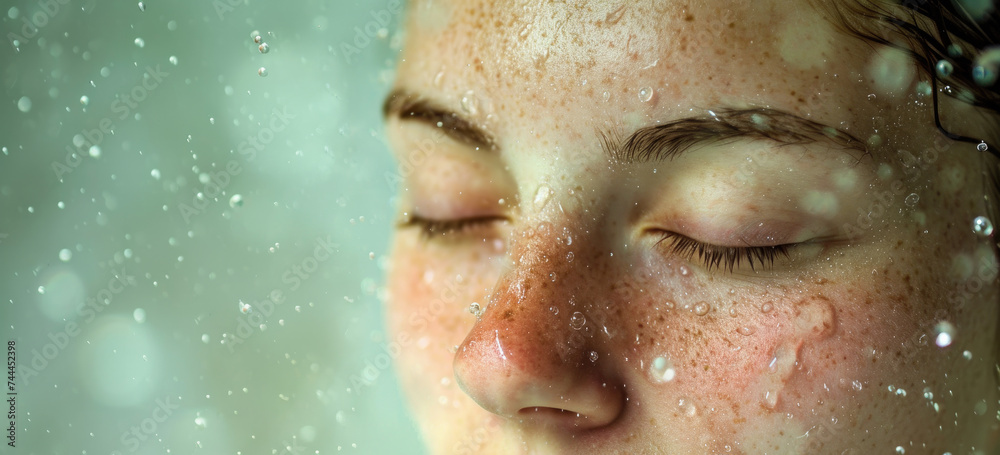 Woman with water droplets on face enjoying hydrating skincare routine. Skin health and care. - obrazy, fototapety, plakaty 