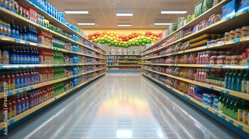 Abstract supermarket aisle with colorful shelves and unrecognizable customers as background photo