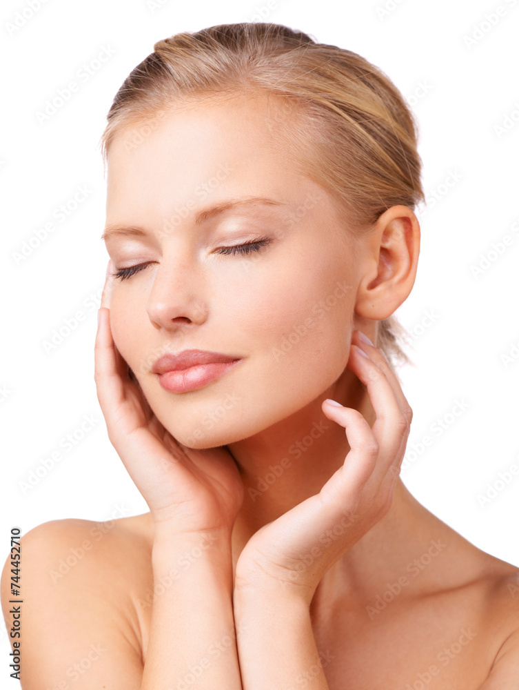 Calm woman, makeup and relax with facial treatment for beauty, cosmetics or skincare on a white studio background. Face of young female person or model in satisfaction for soft skin or wellness Calm woman, makeup and relax with facial treatment for beauty, cosmetics or skincare on a white studio background. Face of young female person or model in satisfaction for soft skin or wellness