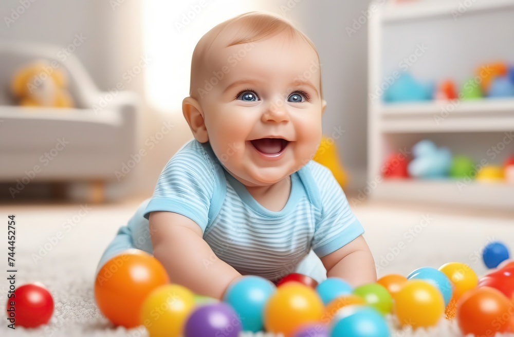 A happy baby laughing while playing with colorful toys A happy baby laughing while playing with colorful toys