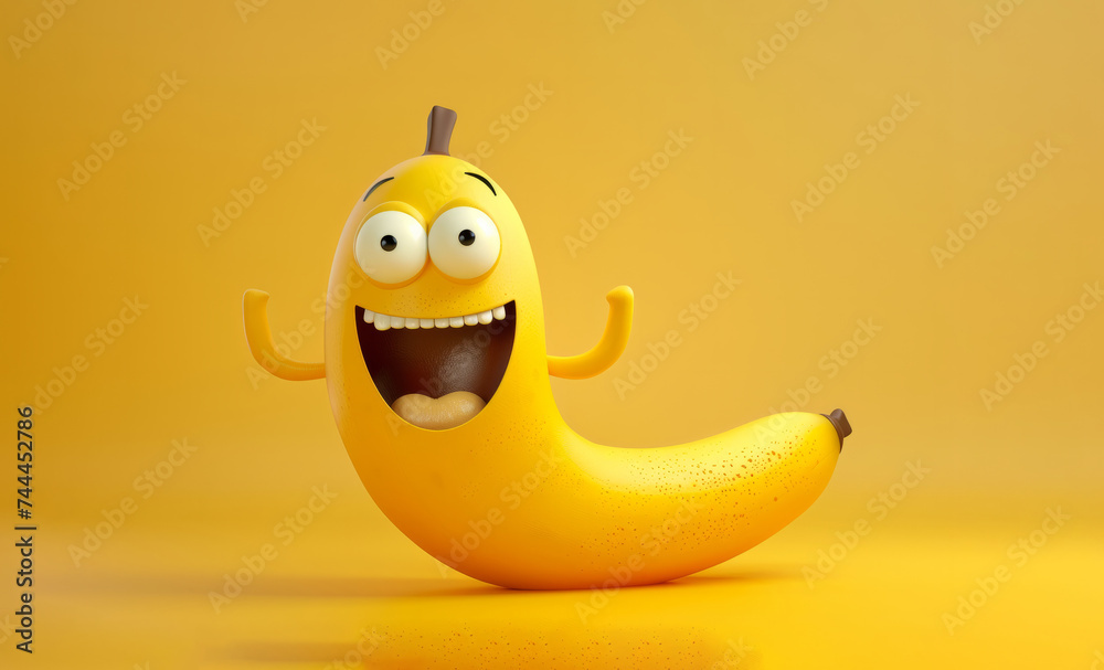cheerful banana cartoon character on a bright yellow background. Isolated on background for use as illustration in books, promotional materials or website design. 3D illustration has copy space.