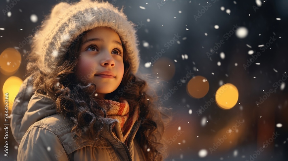 A young girl watches in wonder at the first snowfall of the season. Ai Generated. A young girl watches in wonder at the first snowfall of the season. Ai Generated.