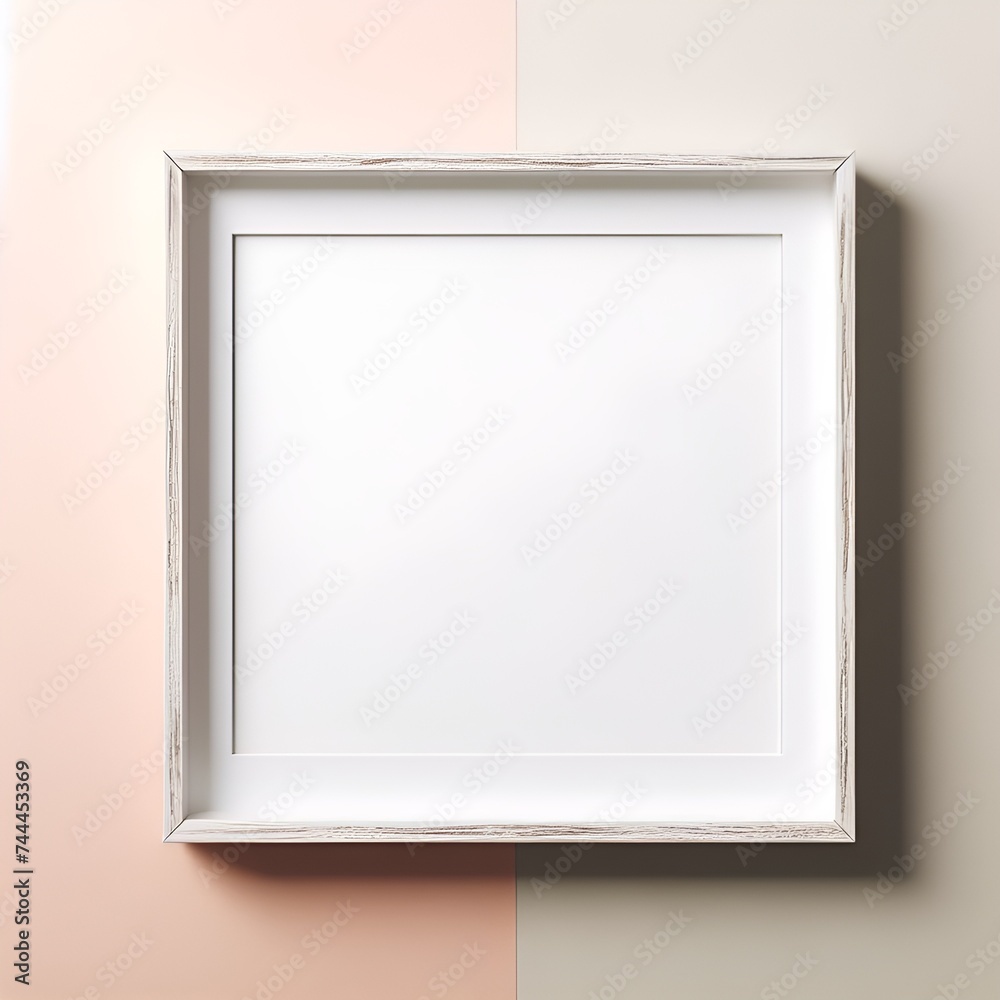 White Wooden Frame Mockup with Blank Empty Space on Bright Pastel Color Wall, Vintage Wooden Frame Mockup with Empty Space White Wooden Frame Mockup with Blank Empty Space on Bright Pastel Color Wall, Vintage Wooden Frame Mockup with Empty Space