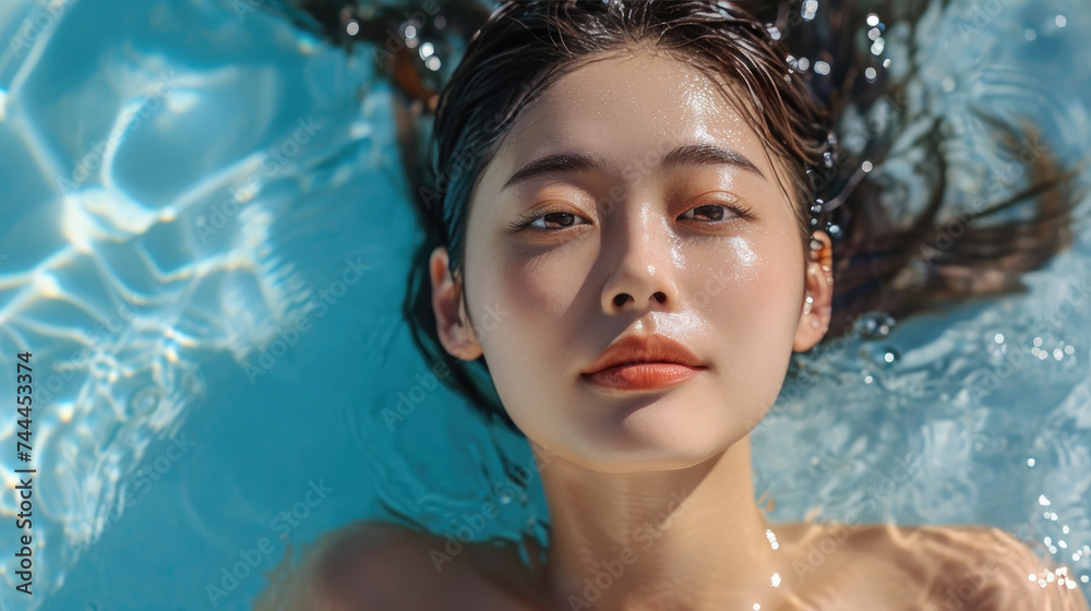 Serene Asian beauty relaxes in a tranquil swimming pool setting. Ai Generated