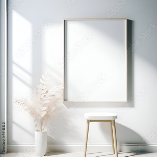 Wooden frame on white wall with blank space at center on bright wall in room with morning light from window