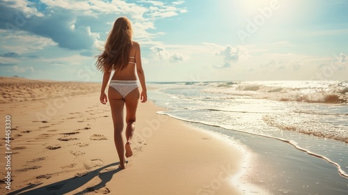 Captivating female strolling on the sandy beach, seaside allure in every step. Ai Generated