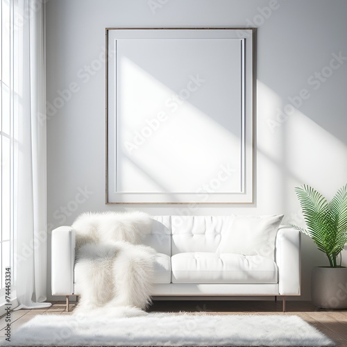 Wooden frame on white wall with blank space at center on bright wall in room with morning light from window