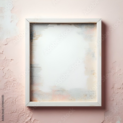 White Wooden Frame Mockup with Blank Empty Space on Bright Pastel Color Wall, Vintage Wooden Frame Mockup with Empty Space
