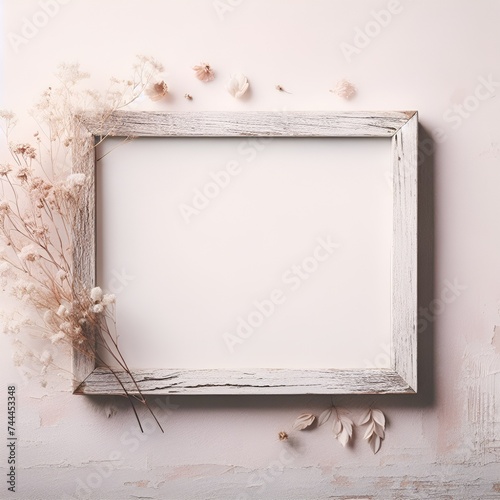 Wooden frame on white wall with blank space at center on bright wall in room with morning light from window