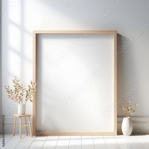 Wooden frame on white wall with blank space at center on bright wall in room with morning light from window