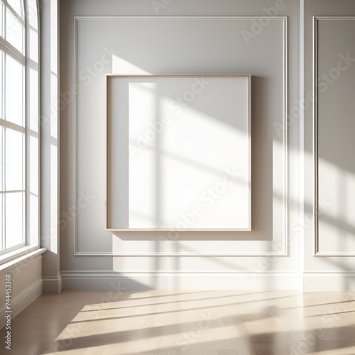 Wooden frame on white wall with blank space at center on bright wall in room with morning light from window
