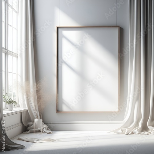 Wooden frame on white wall with blank space at center on bright wall in room with morning light from window