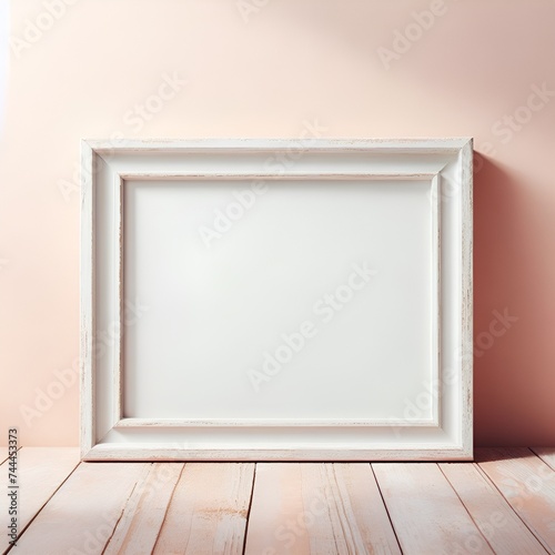 White Wooden Frame Mockup with Blank Empty Space on Bright Pastel Color Wall, Vintage Wooden Frame Mockup with Empty Space