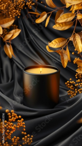 Black lighted candle, black and gold background  photo