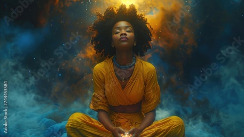 dark-skinned woman meditating