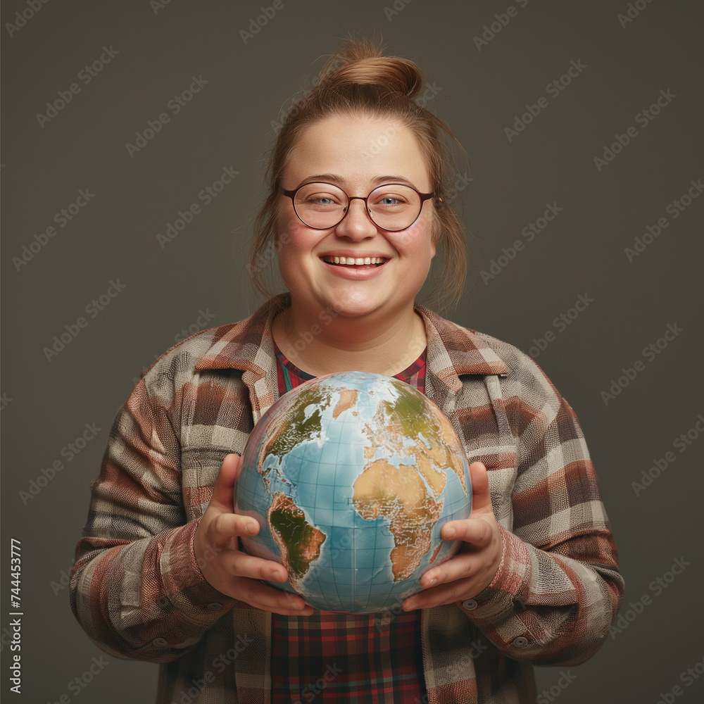 World Down Syndrome Day | Young Woman with Down Syndrome holding Globe | Genetic Disease World Down Syndrome Day | Young Woman with Down Syndrome holding Globe | Genetic Disease