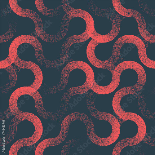 Intricate Smooth Curved Red Lines Seamless Pattern Trend Vector Abstract Background. Half Tone Art Illustration for Fashionable Textile. Endless Ornament Graphic Abstraction Wallpaper Dot Work Texture