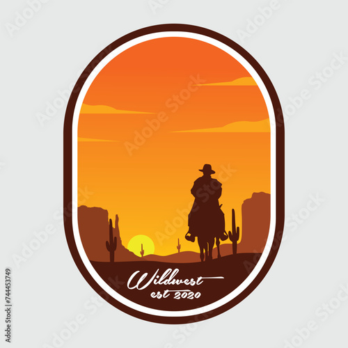 Cowboy Horse Wild West Silhouette Sun Set Badge Icon