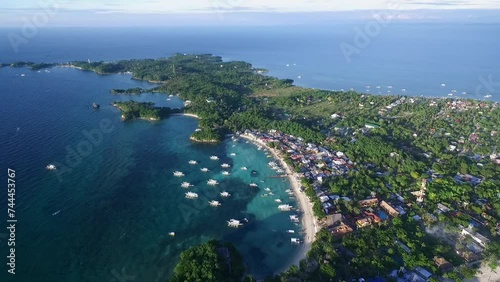 Malapascua Island Seashore in Cebu, Philippines. Sulu Sea, Boats and Beautiful Seascape in Background. Drone photo