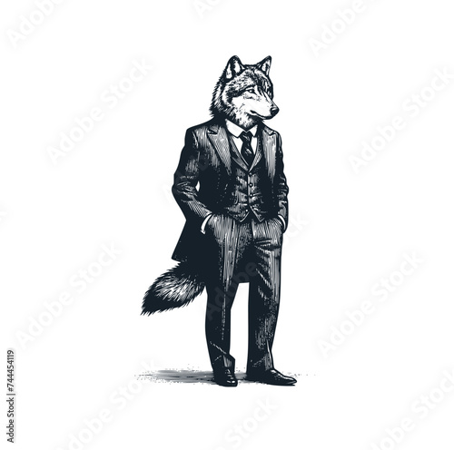 The wolf wear a victorian suit. Black white vector illustration.
