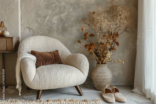 Creative composition of living room interior with copy space, boucle armchair, brown pillow, sideboard slippers, beige rug, vase with dried flowers and personal accessories. Home decor