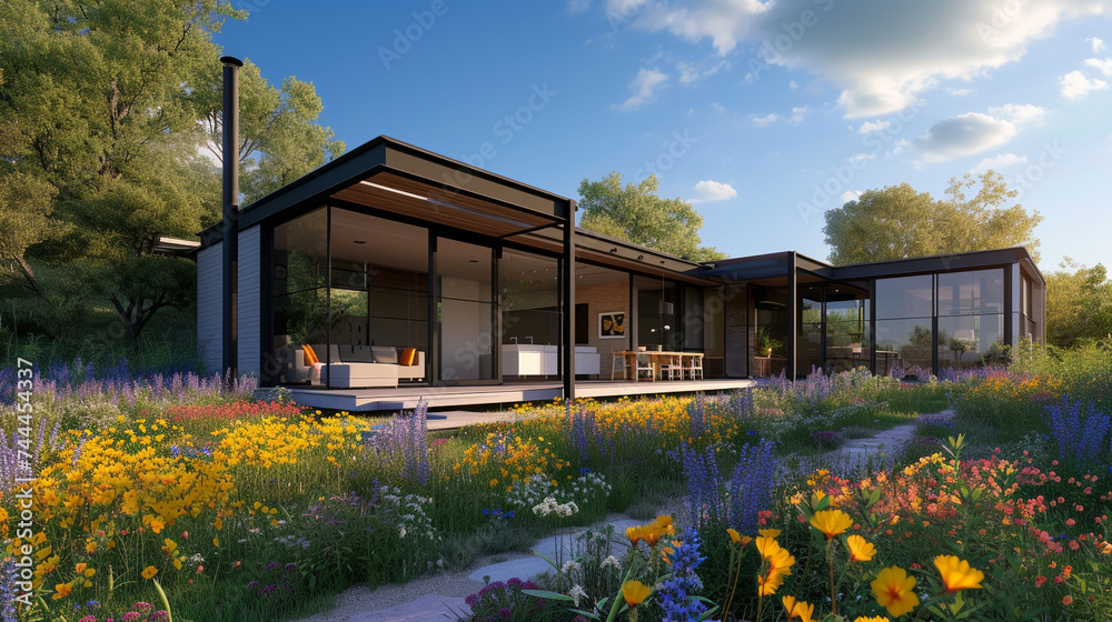 A sleek home with an exterior terrace surrounded by colorful wildflowers, creating a natural oasis that enhances the modern living experience in harmony with nature.