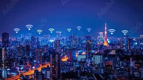 Wireless network and Connection technology concept.Cityscape with wi-fi connection conceptual,information communication technology