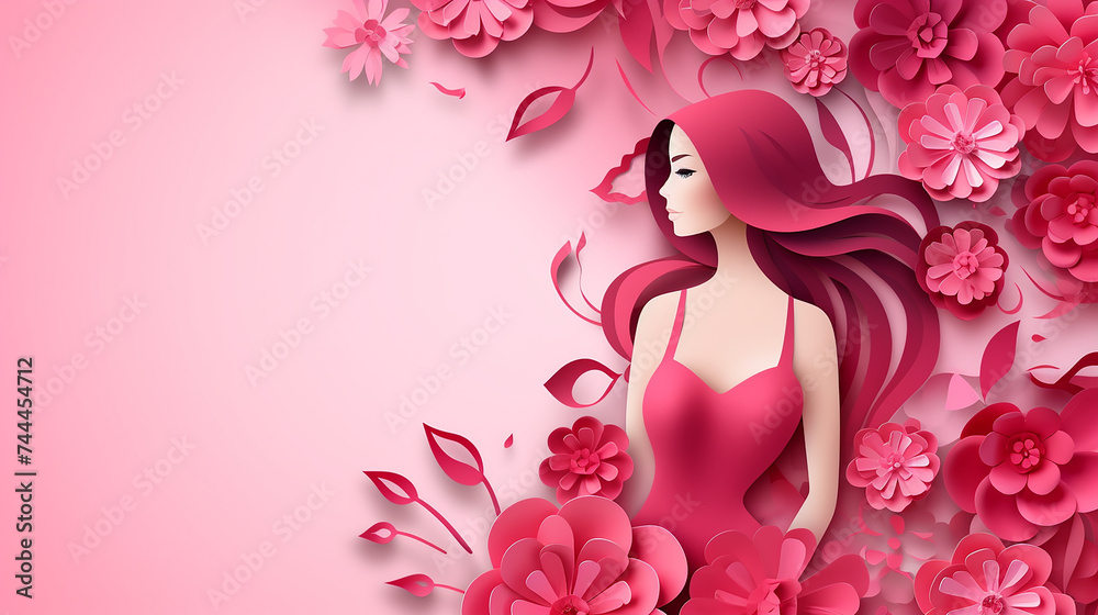 happy women's day pink paper cut flower card beautiful woman illustration