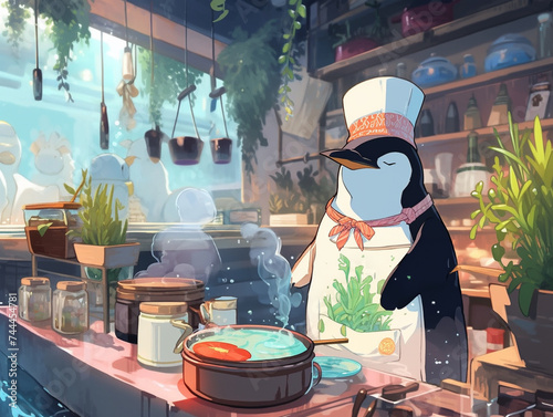 Culinary depths Chef penguin whisks ingredients bubbles rising amidst an aquatic herb garden photo