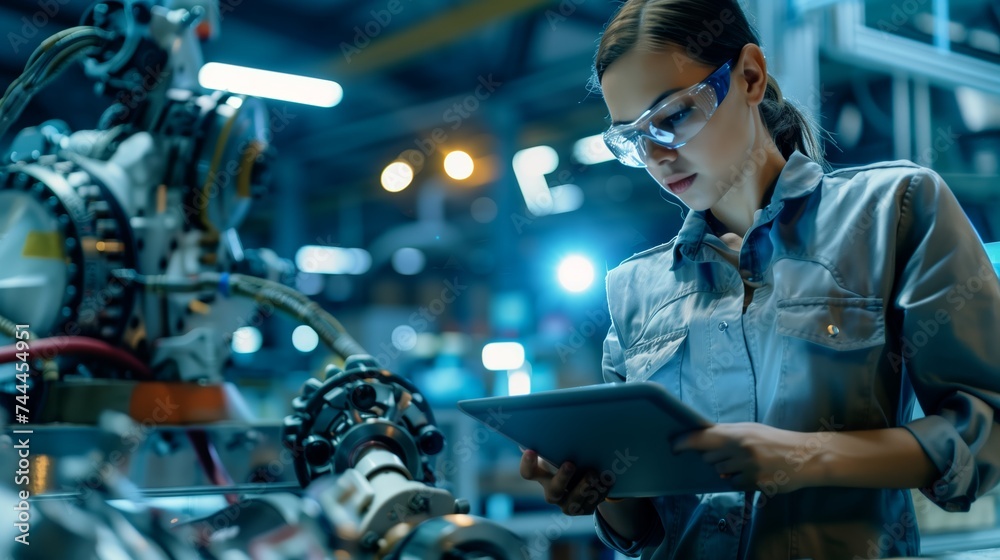 Woman worker wearing safety goggles control lathe machine to drill components. Metal lathe industrial manufacturing factory Woman worker wearing safety goggles control lathe machine to drill components. Metal lathe industrial manufacturing factory