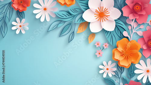hello spring paper cut floral frame on blue background © Aura