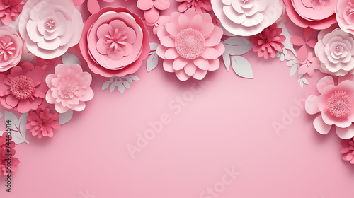 pink background with hello spring paper cut floral frame design