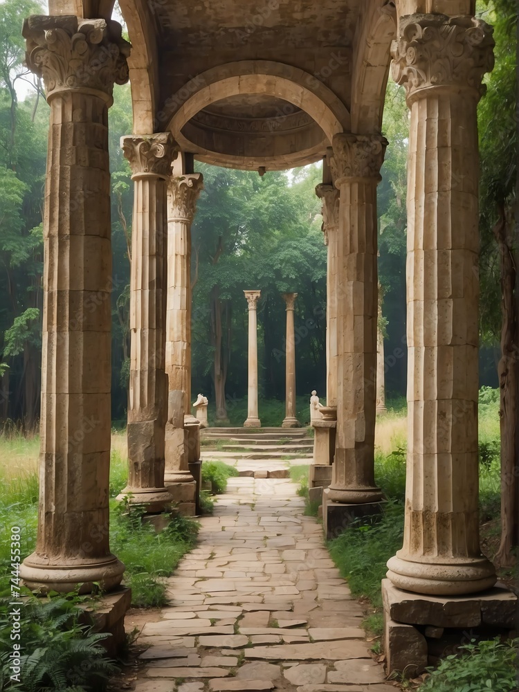 Walkway with ancient roman columns at forest from Generative AI