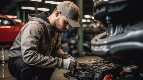 With focused precision, the auto repair master expertly conducts car engine repairs in the foreground of the auto service, exemplifying proficiency in automotive care.