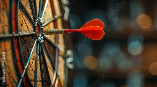 Target and goal as concept.Close up shot of the dart arrow hit on bulleyes of dartboard to represent that the business reached the target of company with dark tone picture style.  photo