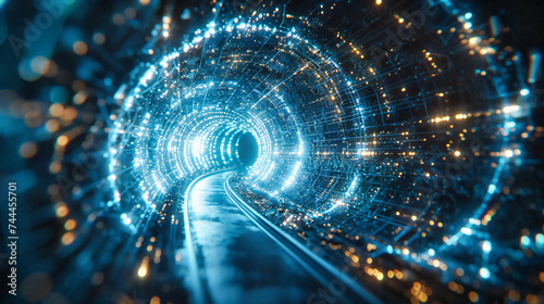 Speed and technology merge in a futuristic tunnel, where the blur of motion paints the night with trails of light, guiding the journey forward