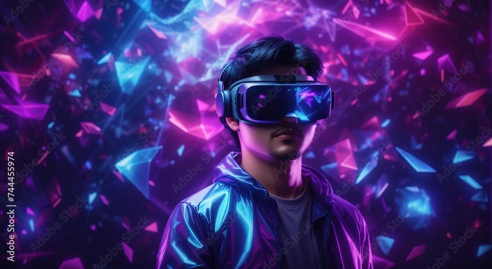Asian man wearing a virtual reality headset in mystical world, glowing neon hologram background Asian man wearing a virtual reality headset in mystical world, glowing neon hologram background