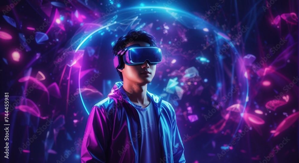 Asian man wearing a virtual reality headset in mystical world, glowing neon hologram background Asian man wearing a virtual reality headset in mystical world, glowing neon hologram background