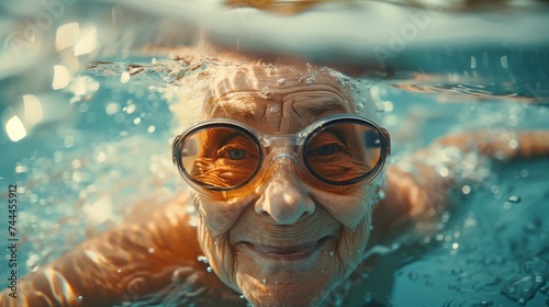 Smiling old man in a swimming pool wearing swim cap and goggles on his head. Portrait of a satisfied senior man after swimming in the pool.