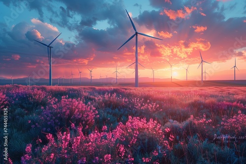 A natural landscape with a field of flowers, wind turbines in the background, and a colorful sunset sky. The wind farm adds to the serene atmosphere of the environment