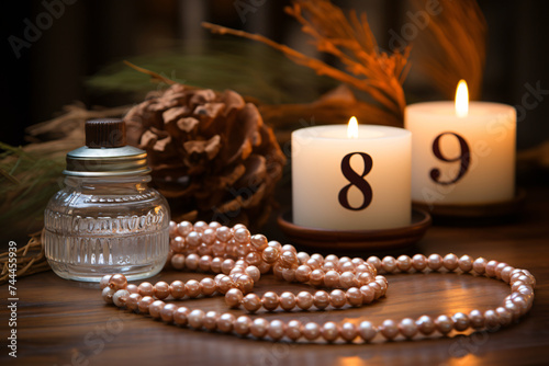 Candles with numbers eight and nine, pearl necklace with blurred background
