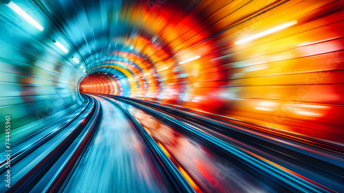 Speed and motion blur together in a futuristic transportation tunnel, where the journey is illuminated by technology and rapid movement