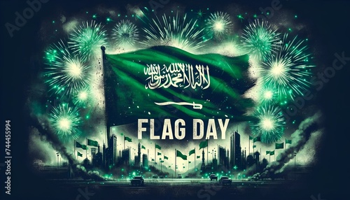 Illustration of a saudi arabian flag day celebration scene in a grunge style.