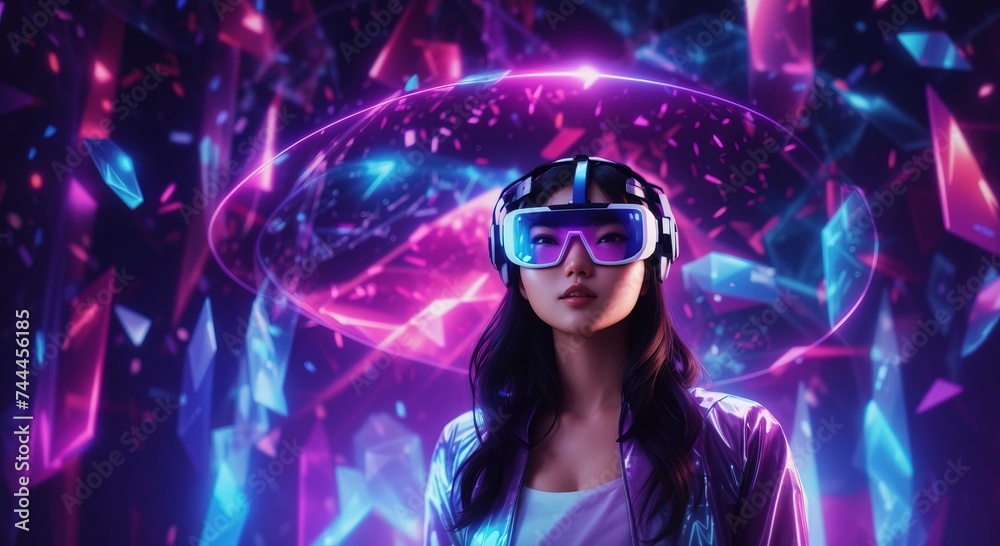 Asian woman wearing a virtual reality headset in mystical world, glowing neon hologram background
