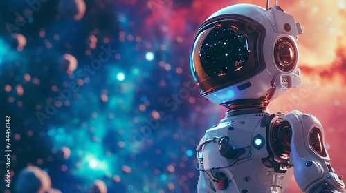A space exploration robot, posed against a galaxy-themed background, highlighting its mission.