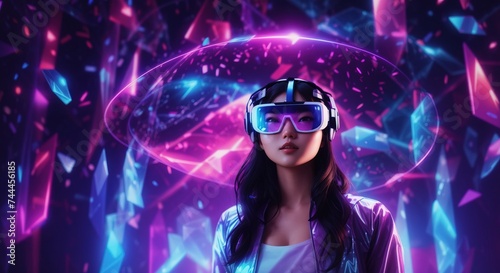 Asian woman wearing a virtual reality headset in mystical world  glowing neon hologram background