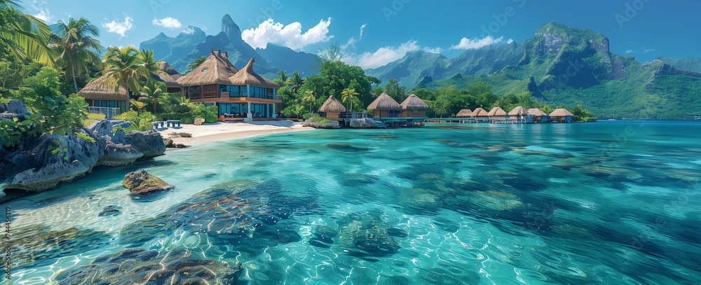 A picturesque tropical island with a sandy beach extending into clear blue waters, framed by lush mountains under a sky dotted with fluffy clouds