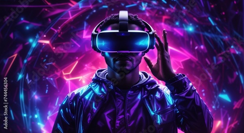 Black man wearing a virtual reality headset in mystical world, glowing neon hologram background